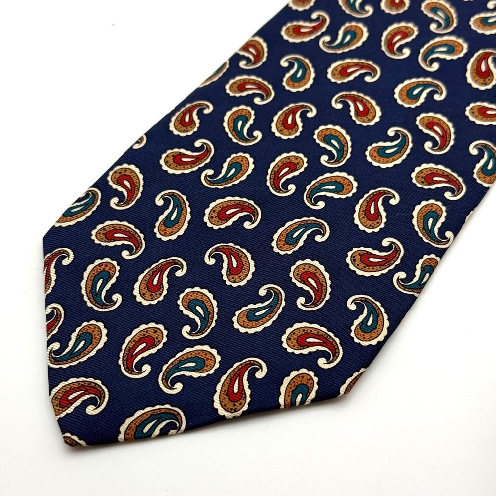 Rooster Mens Silk Tie Navy Blue Paisley Pattern Made in USA 3.75 Inch Width - Picture 10 of 10
